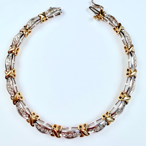 Estate 10K Solid Two Tone Gold 1.4 CT Natural Diamond X Bypass Tennis Bracelet - Picture 1 of 12